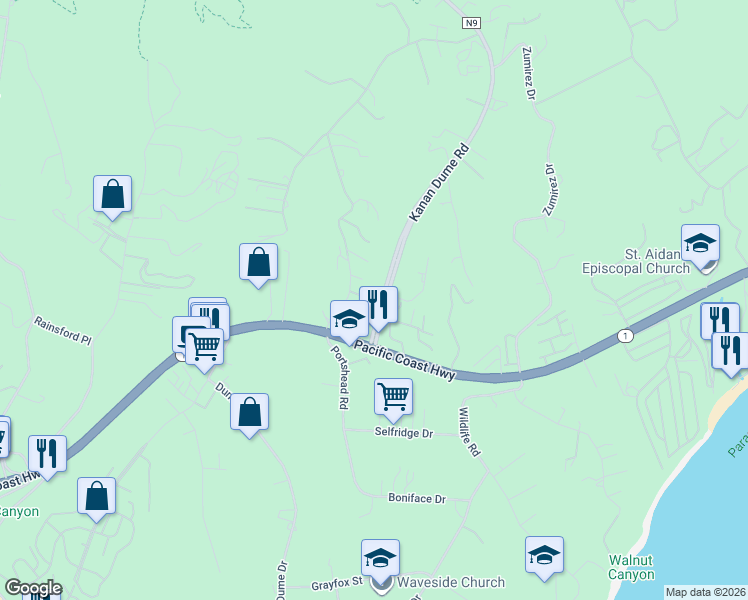 map of restaurants, bars, coffee shops, grocery stores, and more near 28935 West Beach Lane in Malibu