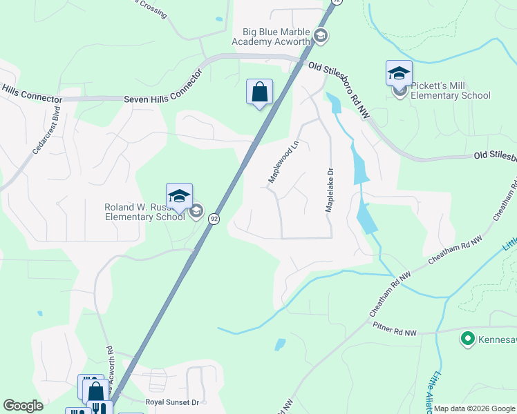 map of restaurants, bars, coffee shops, grocery stores, and more near 88 Maplelake Court in Acworth