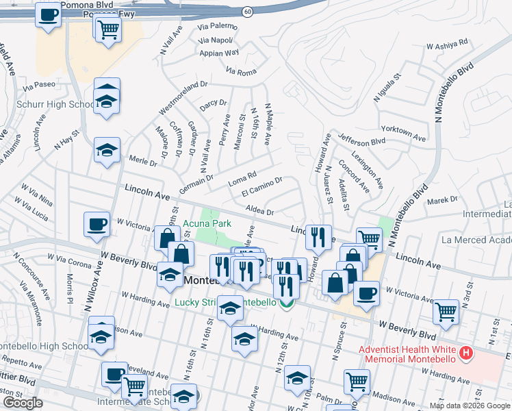 map of restaurants, bars, coffee shops, grocery stores, and more near 1428 Cuesta Way in Montebello