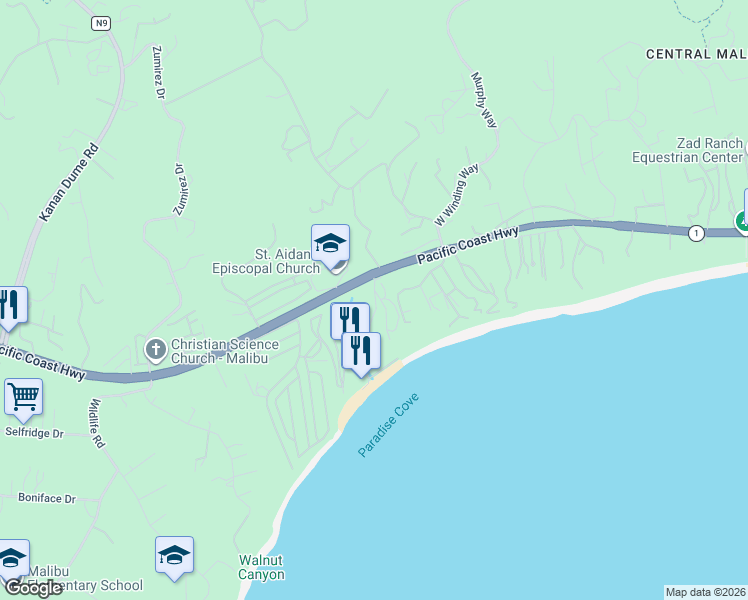 map of restaurants, bars, coffee shops, grocery stores, and more near 71 Paradise Cove Road in Malibu