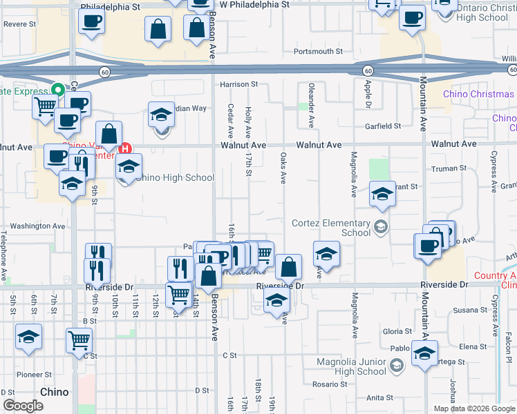 map of restaurants, bars, coffee shops, grocery stores, and more near 12685 17th Street in Chino