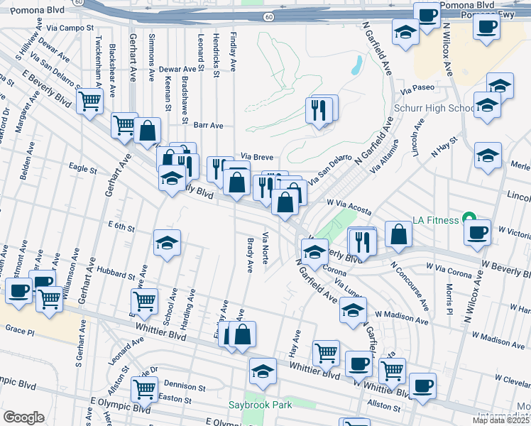 map of restaurants, bars, coffee shops, grocery stores, and more near 3001 West Beverly Boulevard in Montebello