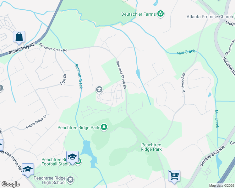 map of restaurants, bars, coffee shops, grocery stores, and more near 3260 Bennett Creek Lane in Johns Creek