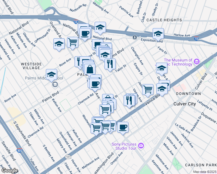 map of restaurants, bars, coffee shops, grocery stores, and more near 3636 Keystone Avenue in Los Angeles