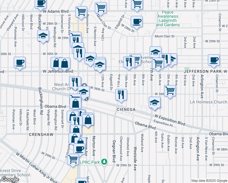 map of restaurants, bars, coffee shops, grocery stores, and more near 3113 West 36th Street in Los Angeles