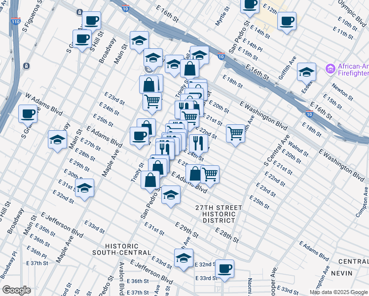 map of restaurants, bars, coffee shops, grocery stores, and more near 717 East 24th Street in Los Angeles