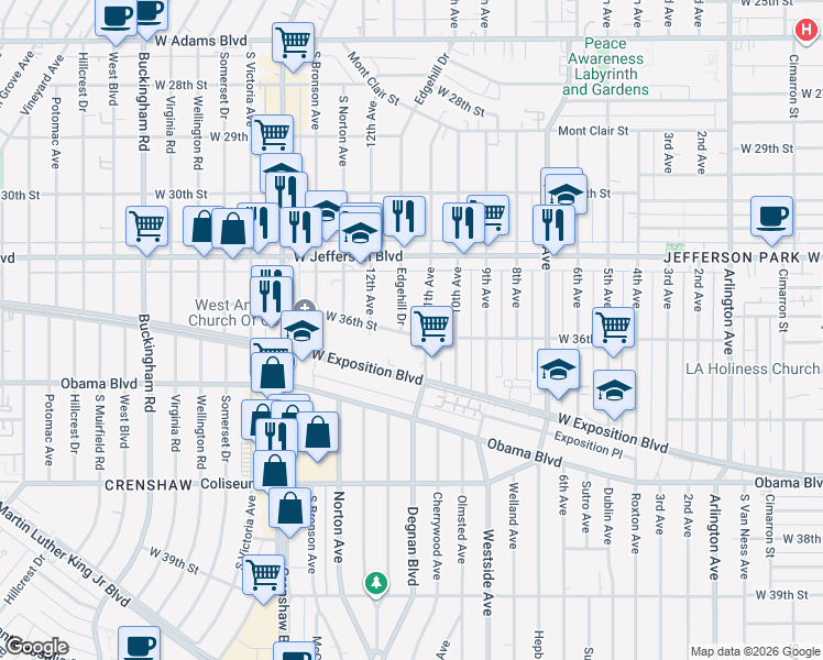 map of restaurants, bars, coffee shops, grocery stores, and more near 3113 West 36th Street in Los Angeles