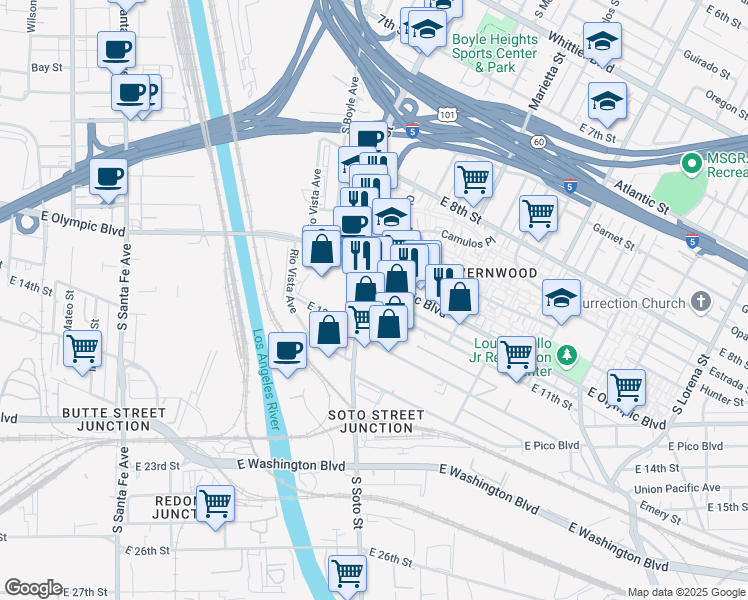 map of restaurants, bars, coffee shops, grocery stores, and more near 2715 East 11th Street in Los Angeles