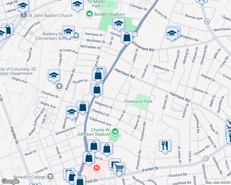 map of restaurants, bars, coffee shops, grocery stores, and more near 2319 Center Street in Columbia