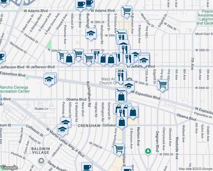 map of restaurants, bars, coffee shops, grocery stores, and more near 3809 West Exposition Boulevard in Los Angeles