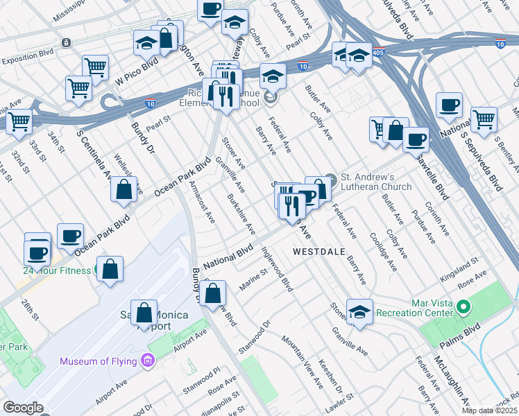 map of restaurants, bars, coffee shops, grocery stores, and more near 2810 Granville Avenue in Los Angeles