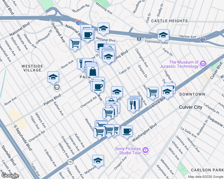 map of restaurants, bars, coffee shops, grocery stores, and more near 3637 Mentone Avenue in Los Angeles