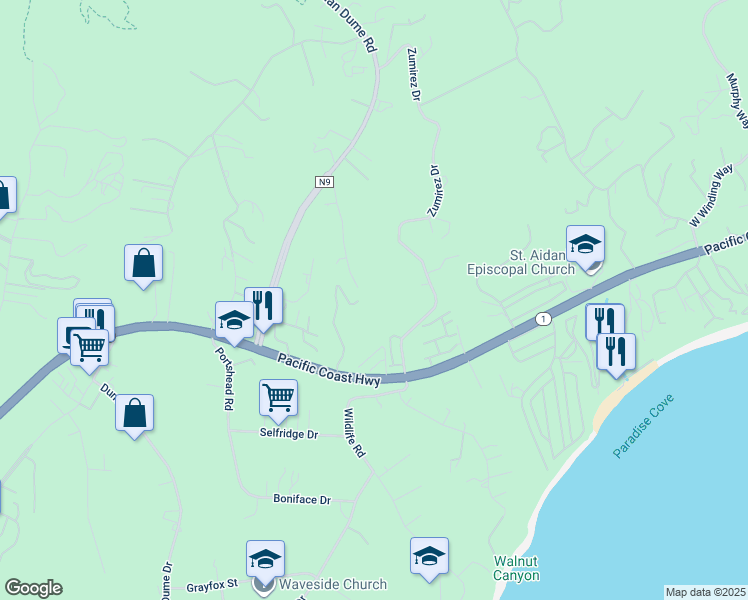 map of restaurants, bars, coffee shops, grocery stores, and more near 6184 Galahad Drive in Malibu