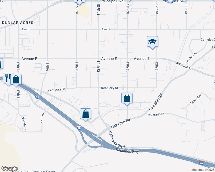 map of restaurants, bars, coffee shops, grocery stores, and more near 32568 Kentucky Street in Yucaipa