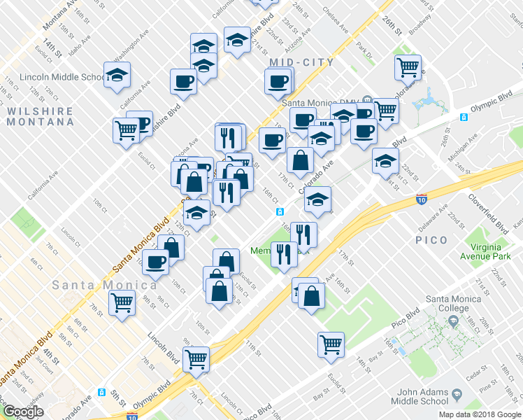 map of restaurants, bars, coffee shops, grocery stores, and more near 1538 16th Street in Santa Monica