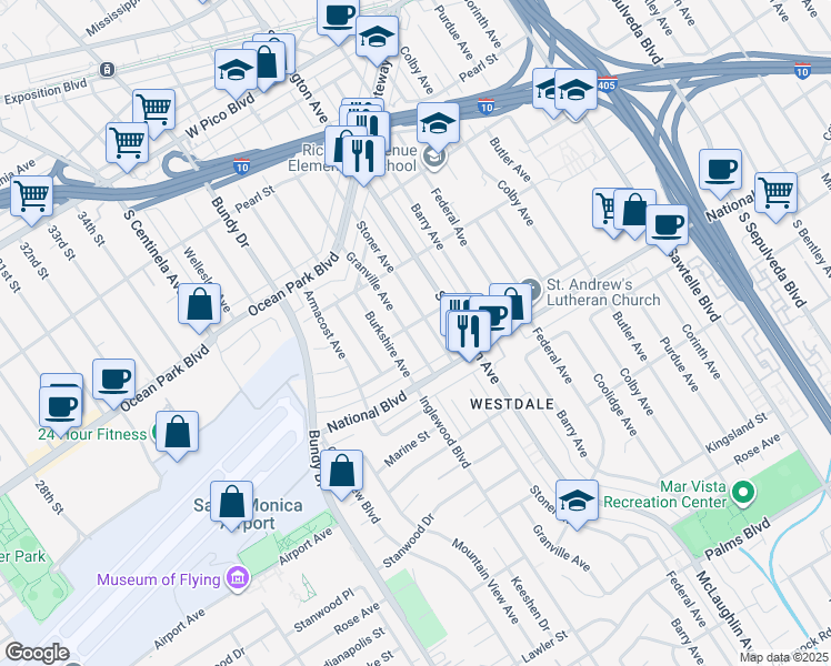 map of restaurants, bars, coffee shops, grocery stores, and more near 2810 Granville Avenue in Los Angeles