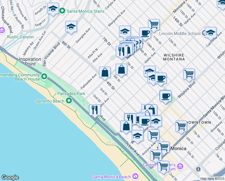 map of restaurants, bars, coffee shops, grocery stores, and more near in Santa Monica