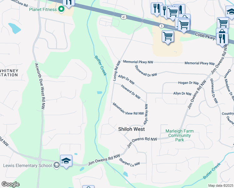 map of restaurants, bars, coffee shops, grocery stores, and more near 2824 Loring Road Northwest in Kennesaw