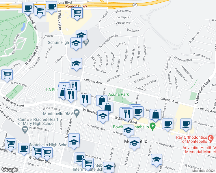 map of restaurants, bars, coffee shops, grocery stores, and more near 650 North 19th Street in Montebello