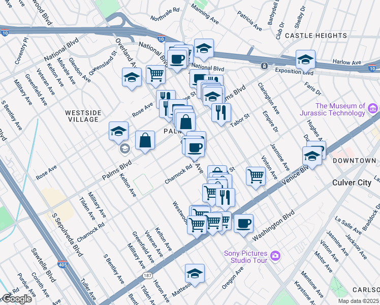 map of restaurants, bars, coffee shops, grocery stores, and more near Overland Avenue & Tabor Street in Los Angeles