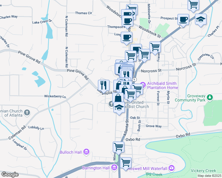 map of restaurants, bars, coffee shops, grocery stores, and more near 75 Magnolia Street in Roswell