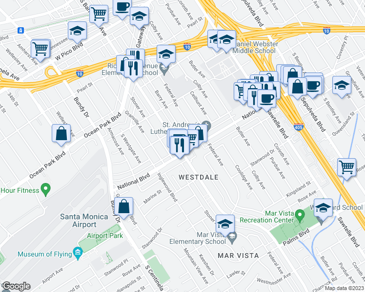 map of restaurants, bars, coffee shops, grocery stores, and more near 11691 National Boulevard in Los Angeles