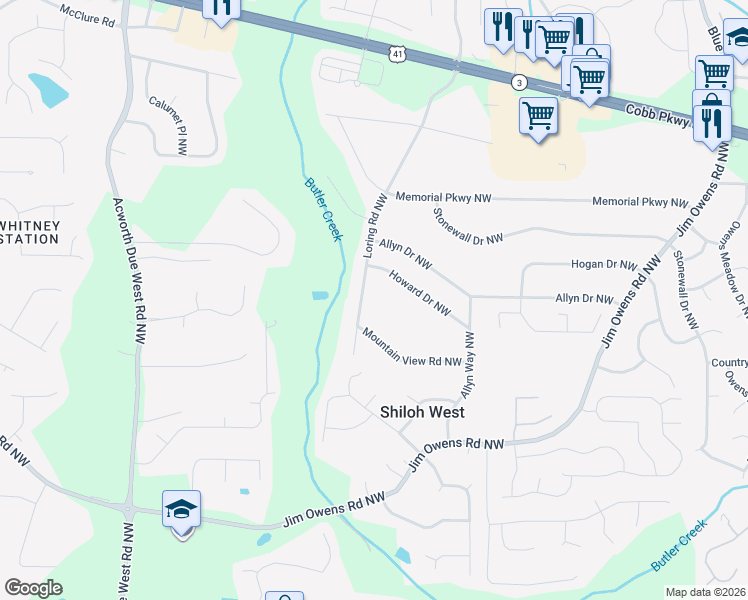 map of restaurants, bars, coffee shops, grocery stores, and more near 3918 Mountain View Road Northwest in Kennesaw