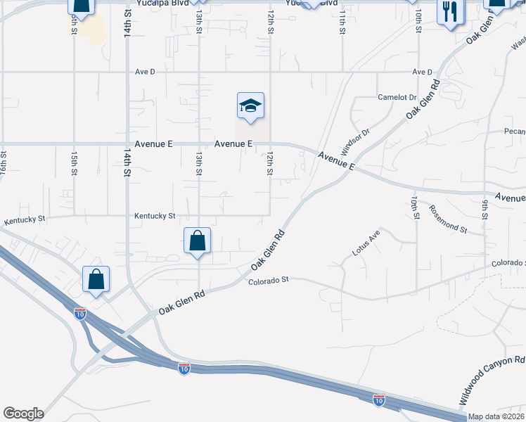 map of restaurants, bars, coffee shops, grocery stores, and more near 32882 Kentucky Street in Yucaipa