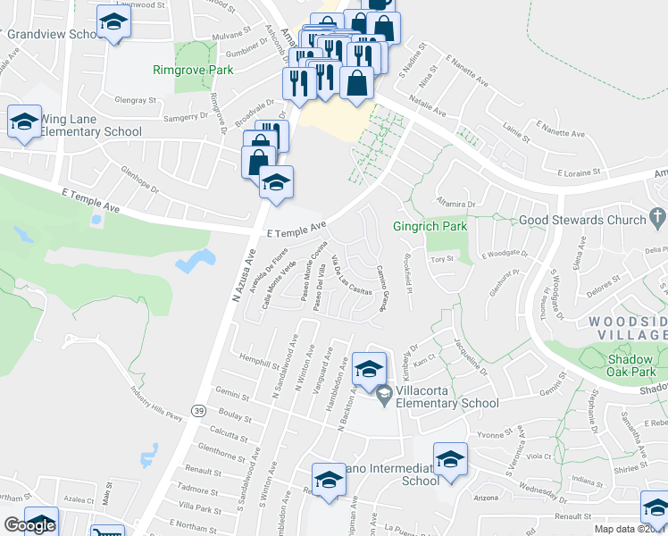 map of restaurants, bars, coffee shops, grocery stores, and more near 17350 East Temple Avenue in La Puente
