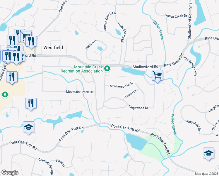 map of restaurants, bars, coffee shops, grocery stores, and more near 4842 McPherson Drive Northeast in Roswell
