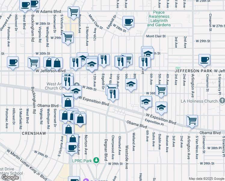 map of restaurants, bars, coffee shops, grocery stores, and more near 3021 West 36th Street in Los Angeles