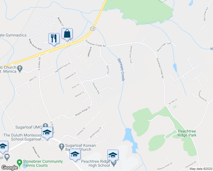 map of restaurants, bars, coffee shops, grocery stores, and more near 1429 Dunsford Circle Northwest in Suwanee
