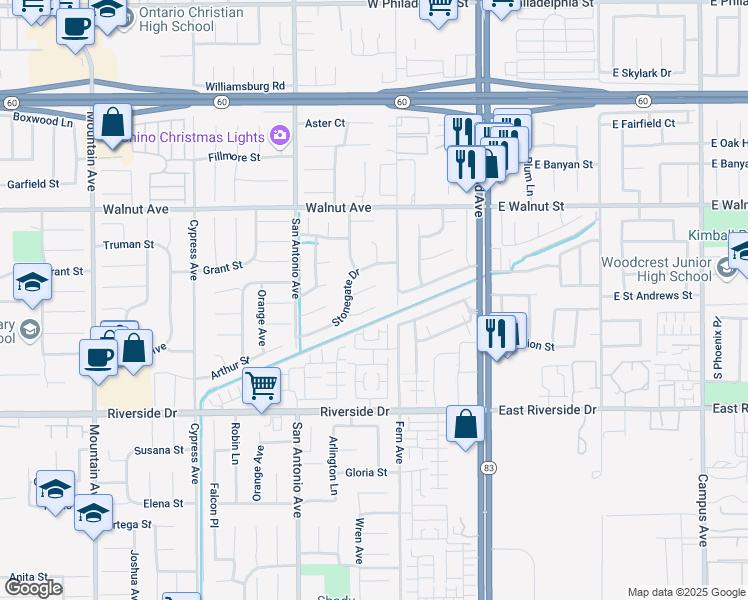 map of restaurants, bars, coffee shops, grocery stores, and more near 6827 Arthur Court in Chino