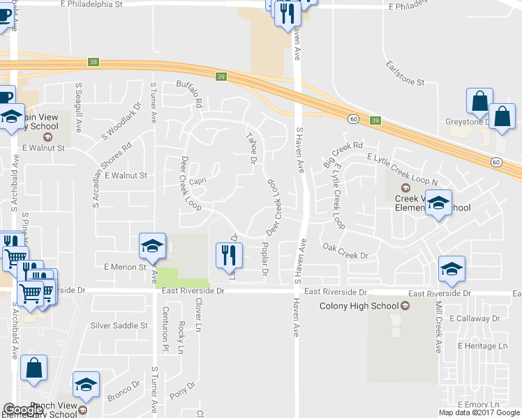 map of restaurants, bars, coffee shops, grocery stores, and more near 3364 Honeybrook Way in Ontario