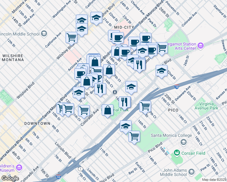 map of restaurants, bars, coffee shops, grocery stores, and more near 1607 16th Street in Santa Monica