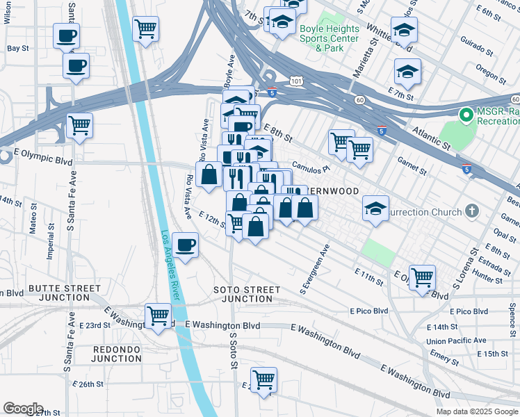 map of restaurants, bars, coffee shops, grocery stores, and more near 2740 East Olympic Boulevard in Los Angeles