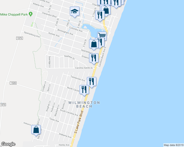 map of restaurants, bars, coffee shops, grocery stores, and more near 1108 South Lake Park Boulevard in Carolina Beach