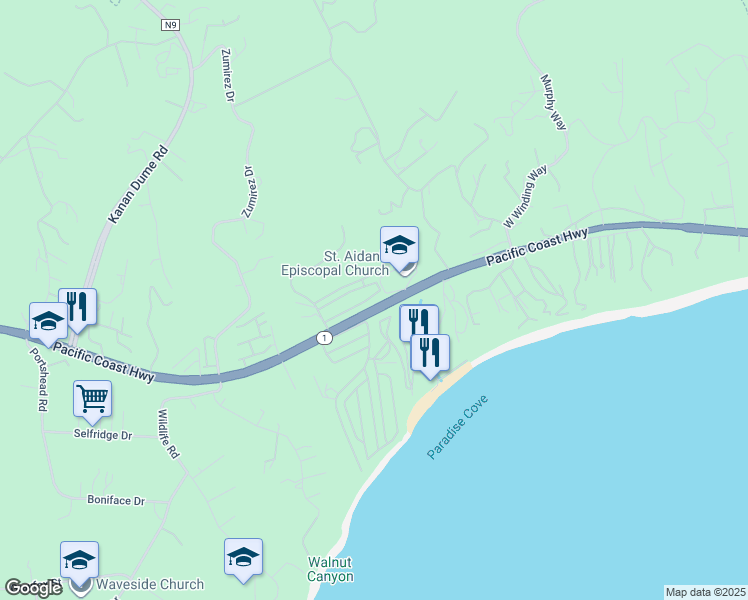 map of restaurants, bars, coffee shops, grocery stores, and more near 28304 Rey De Copas Lane in Malibu