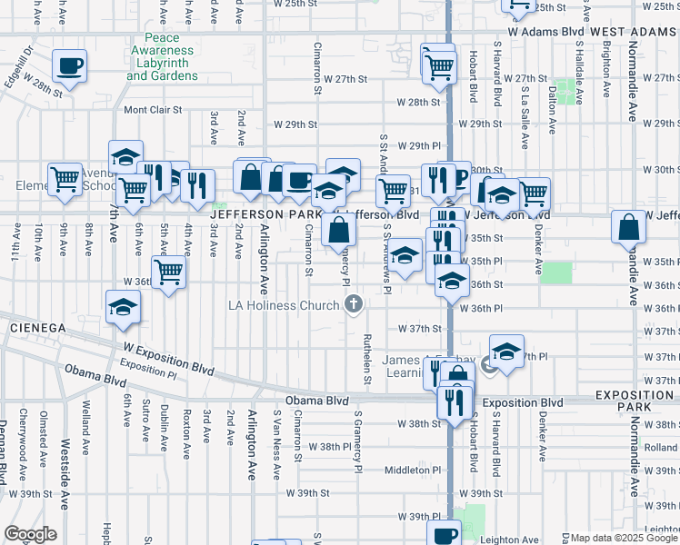 map of restaurants, bars, coffee shops, grocery stores, and more near 3559 South Gramercy Place in Los Angeles