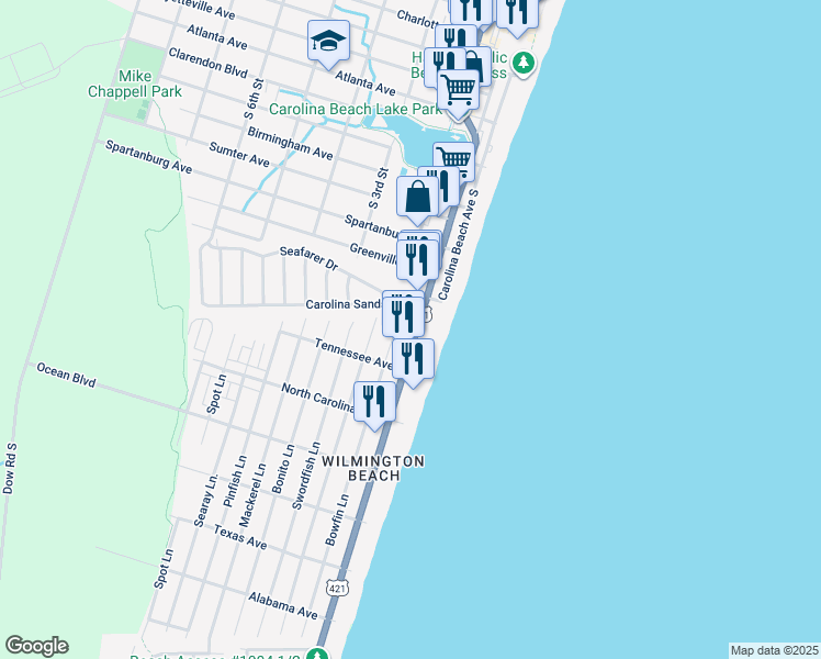 map of restaurants, bars, coffee shops, grocery stores, and more near 1108 South Lake Park Boulevard in Carolina Beach