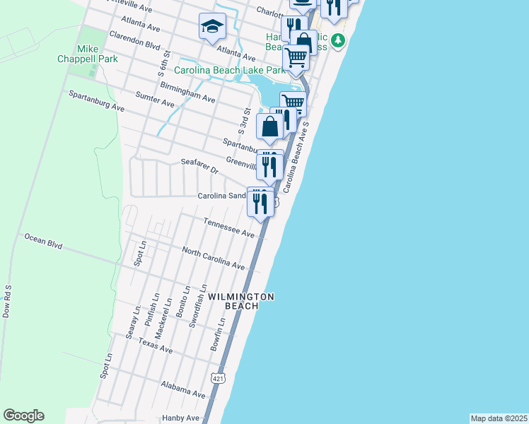 map of restaurants, bars, coffee shops, grocery stores, and more near 3 Lake Park Boulevard South in Carolina Beach