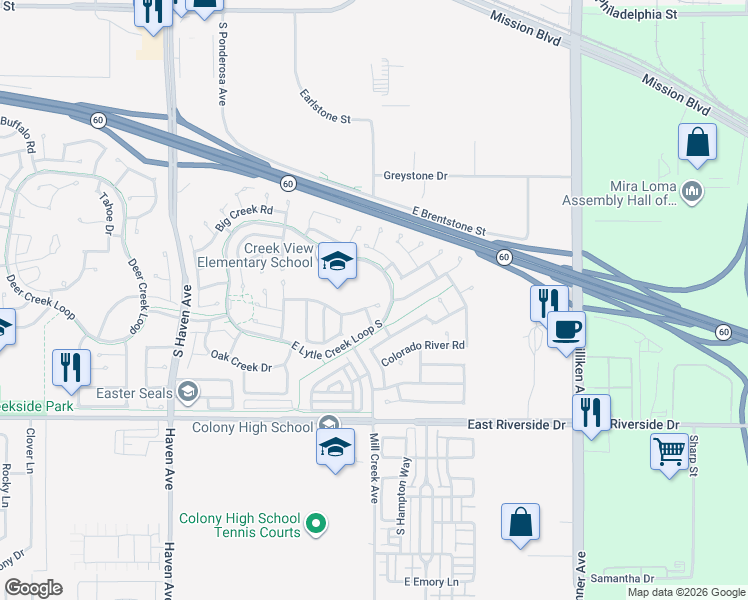 map of restaurants, bars, coffee shops, grocery stores, and more near 3864 Antelope Creek Drive in Ontario