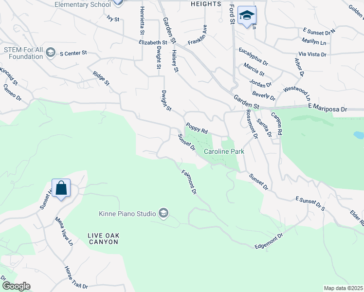 map of restaurants, bars, coffee shops, grocery stores, and more near 445 West Sunset Drive in Redlands