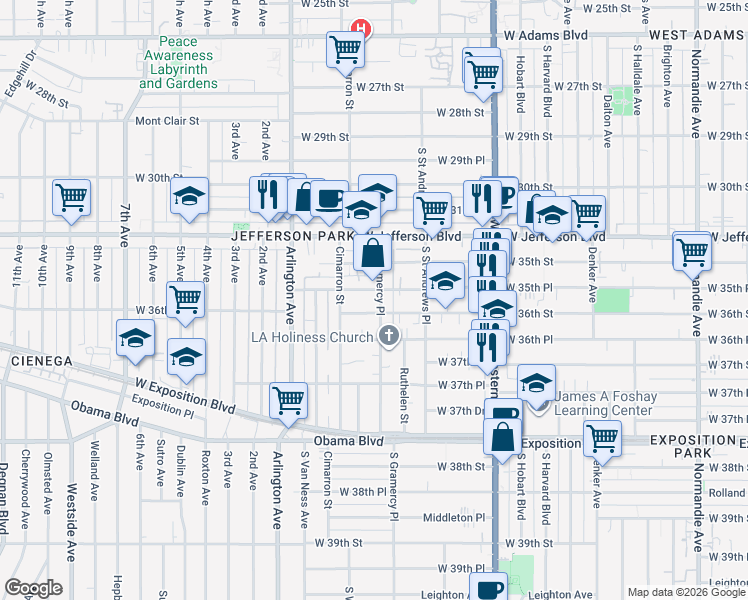 map of restaurants, bars, coffee shops, grocery stores, and more near 3559 South Gramercy Place in Los Angeles