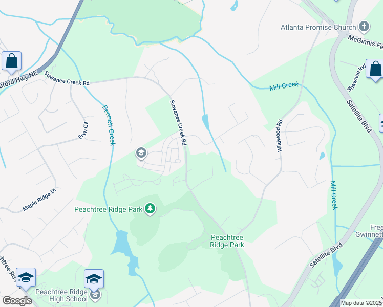 map of restaurants, bars, coffee shops, grocery stores, and more near 3233 Suwanee Creek Road in Suwanee