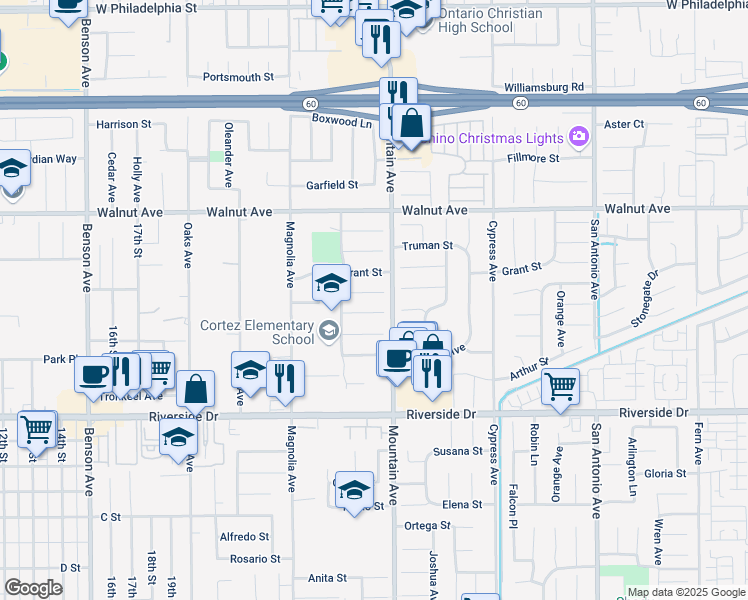 map of restaurants, bars, coffee shops, grocery stores, and more near 6230 Lee Court in Chino