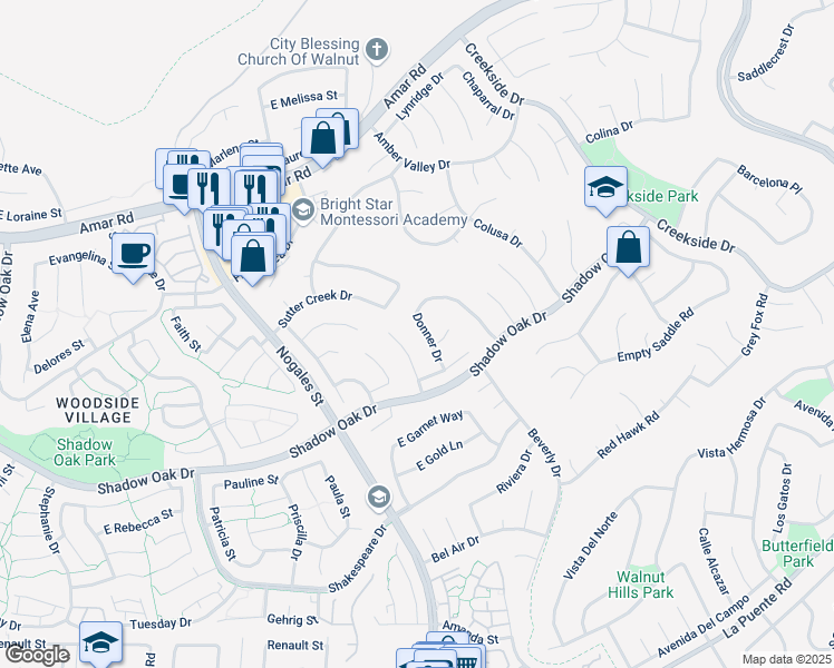 map of restaurants, bars, coffee shops, grocery stores, and more near 636 Donner Drive in Walnut
