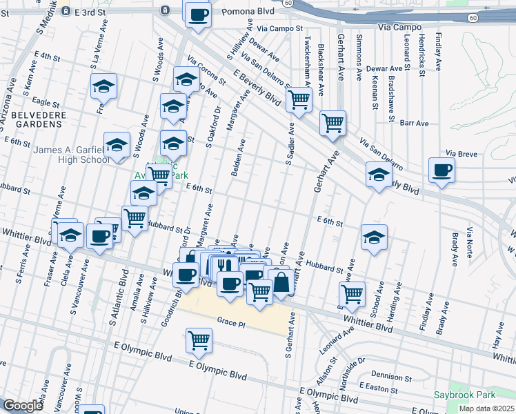 map of restaurants, bars, coffee shops, grocery stores, and more near 614 1/2 Hoefner Avenue in Los Angeles