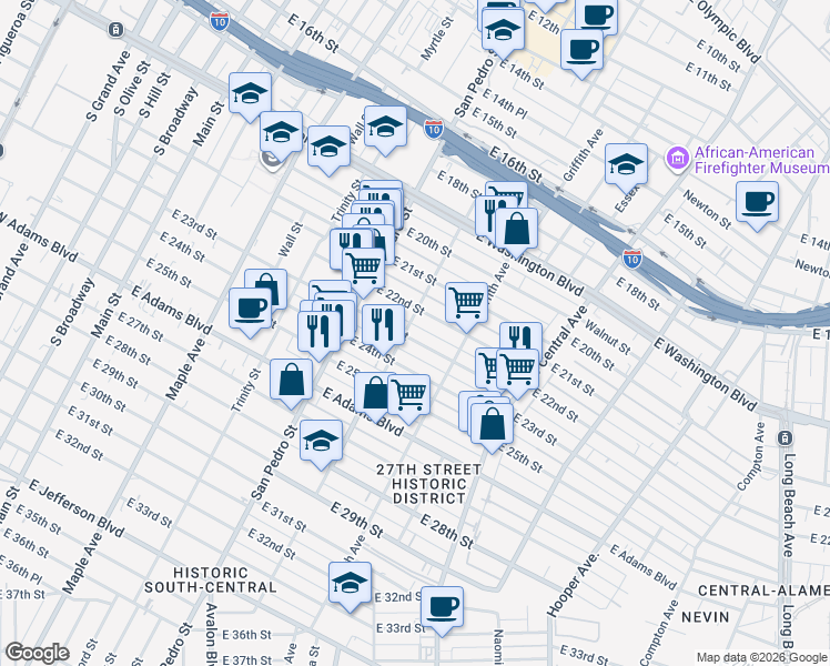 map of restaurants, bars, coffee shops, grocery stores, and more near 945 East 23rd Street in Los Angeles