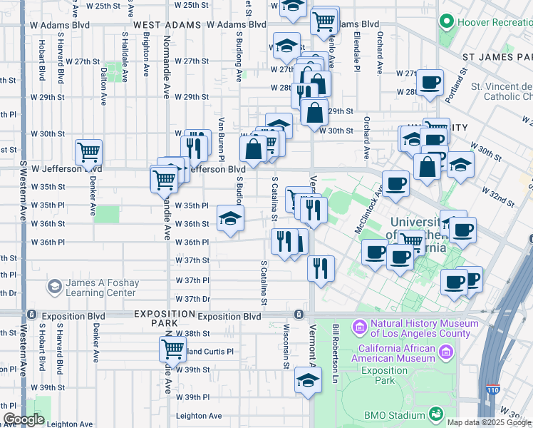 map of restaurants, bars, coffee shops, grocery stores, and more near 1201 West 36th Street in Los Angeles
